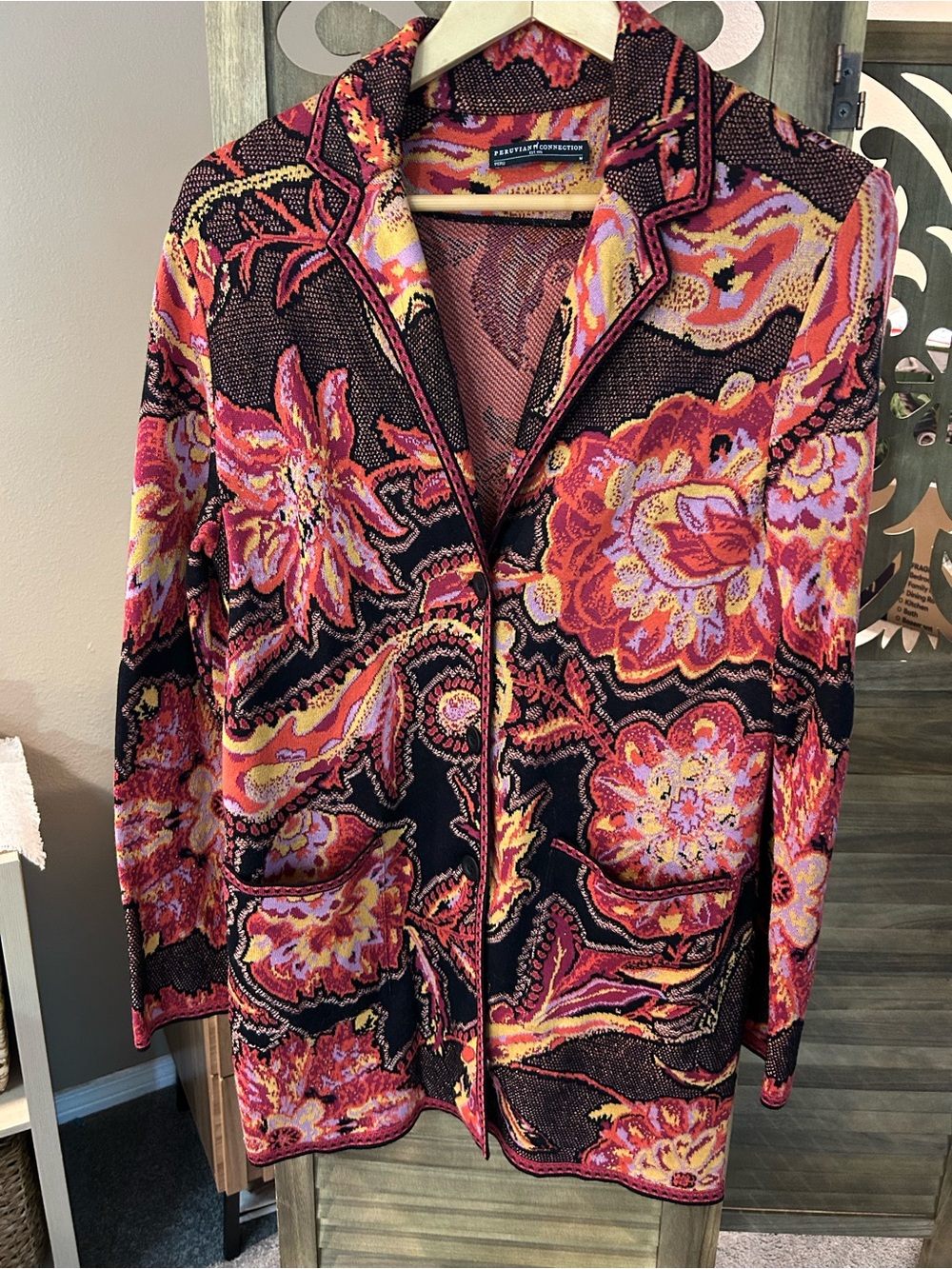 Peruvian Connection Long Line Button Down Knit Floral Blazer Jacket Size Medium